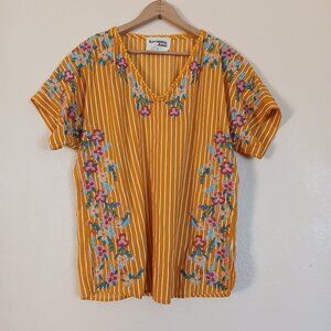 Savanna Jane Yellow & White Short Sleeve Striped Floral Blouse Women's Small